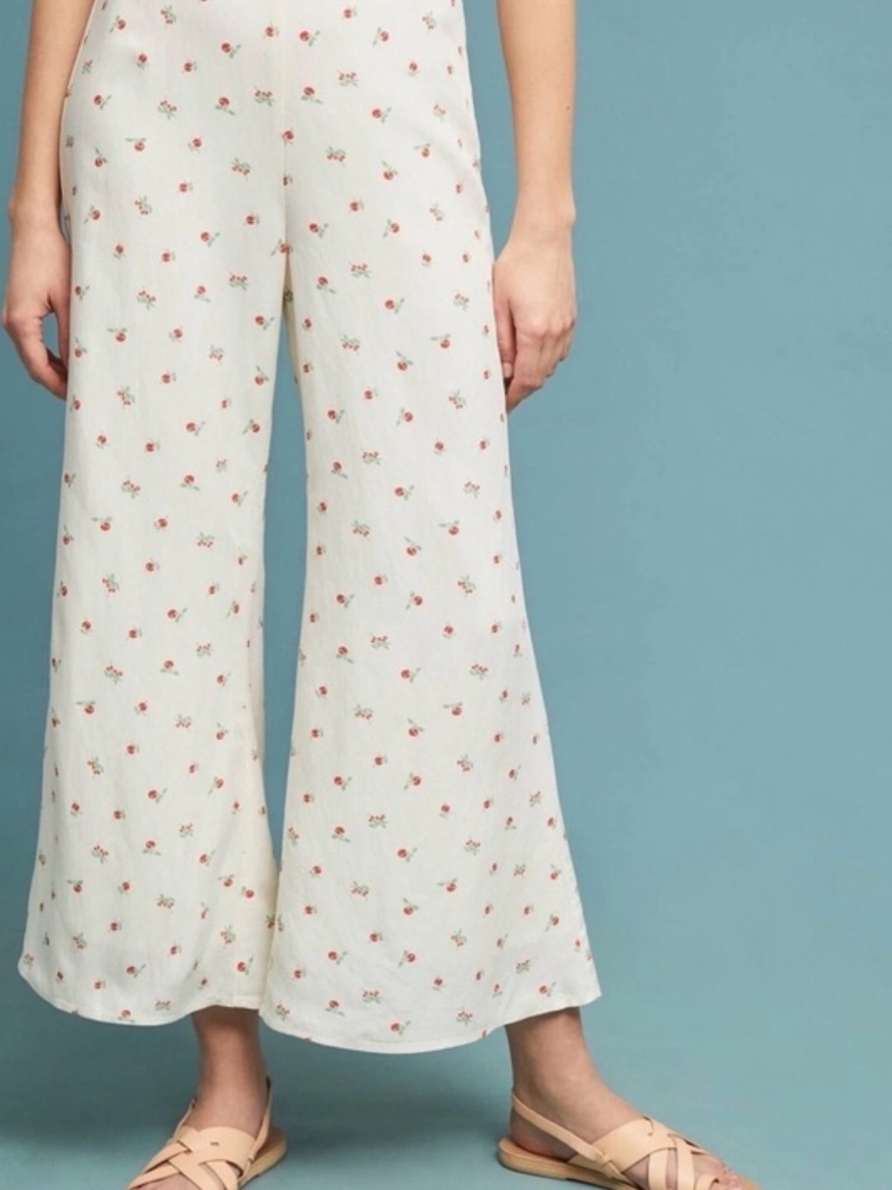 Anthropologie Feather And Bone Wide-Leg Cherry Print Cream Pants, SZ 14, NWT